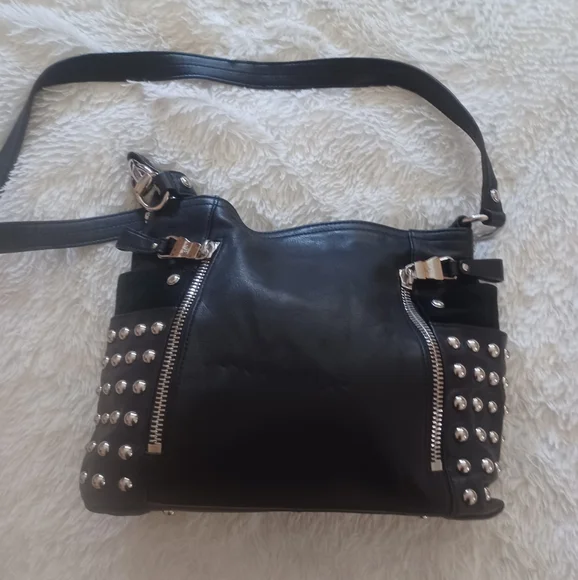 B.MAKOWSKY Leather+Suede Silver Stud Bag. 12 X 14 Animal Print Lining  LIKE NEW - Picture 3 of 11